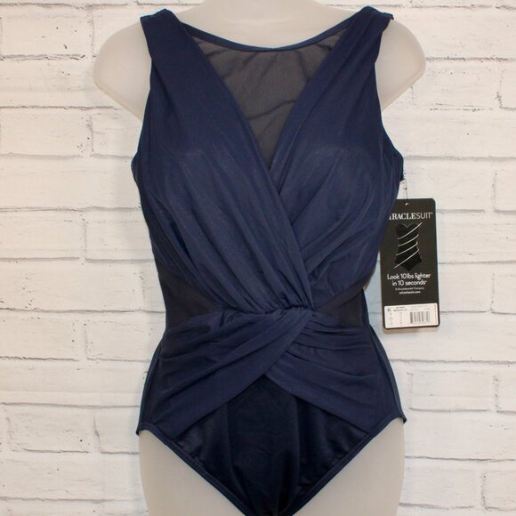 Miraclesuit Palma Navy Illusionist Crossover Allover Slimming One Piece Swimsuit - Picture 2 of 9